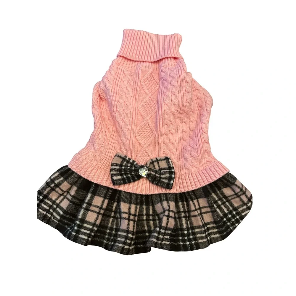 Kyeese Wear Pink Cable Knit Plaid Dog Sweater Dress Rhinestone Heart Bow NWT